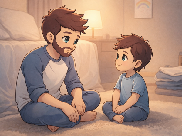 Man and child sit cross-legged on a cozy rug, smiling at each other in a warmly lit room.