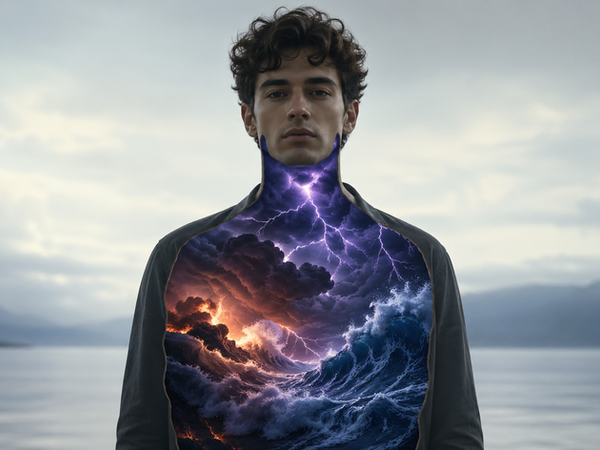Young man with a stormy seascape inside his torso, showing lightning and waves.